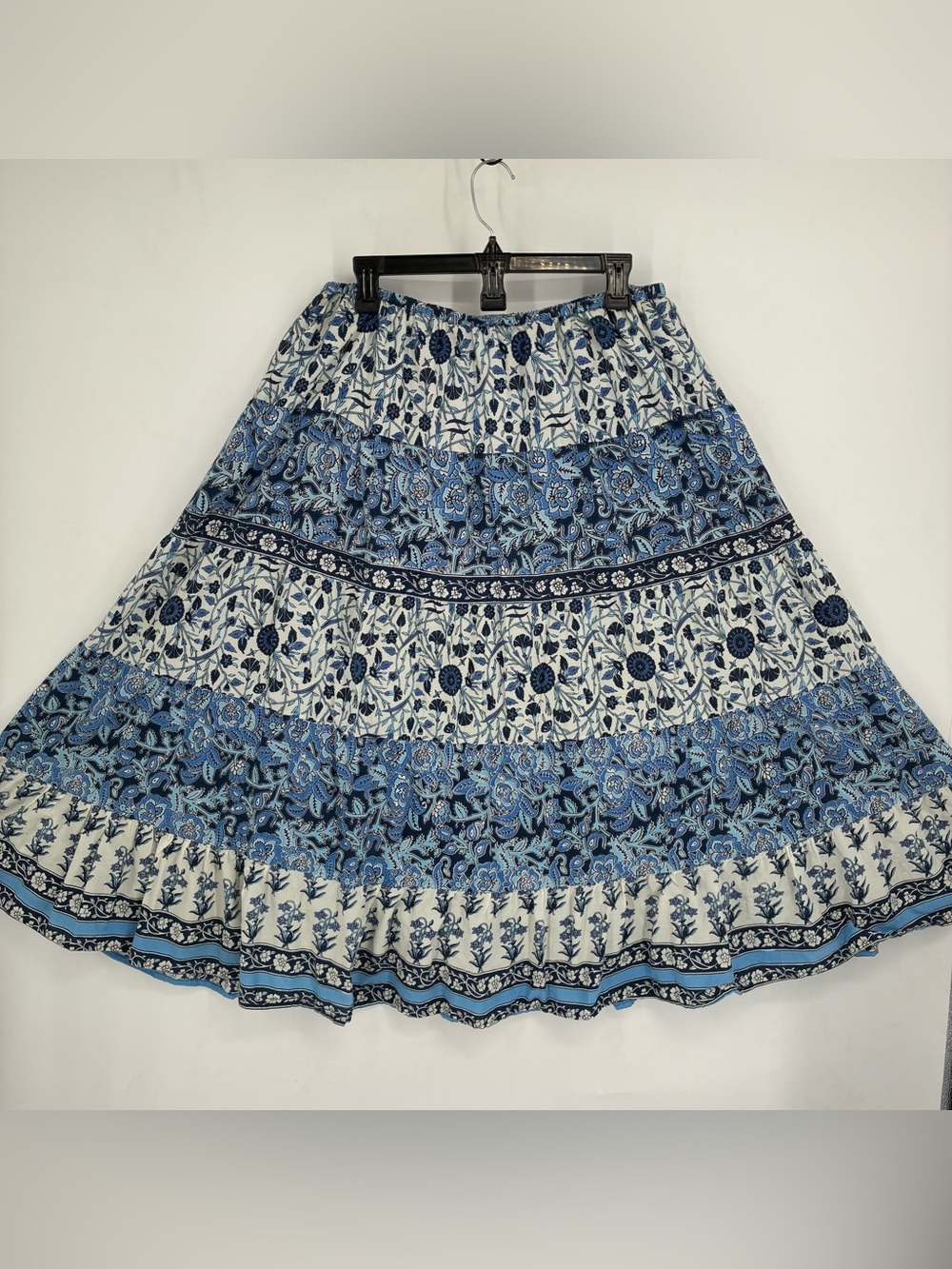Notations Large 100% Cotton Blue Floral Tiered Maxi Skirt Boho Bohemian Circle